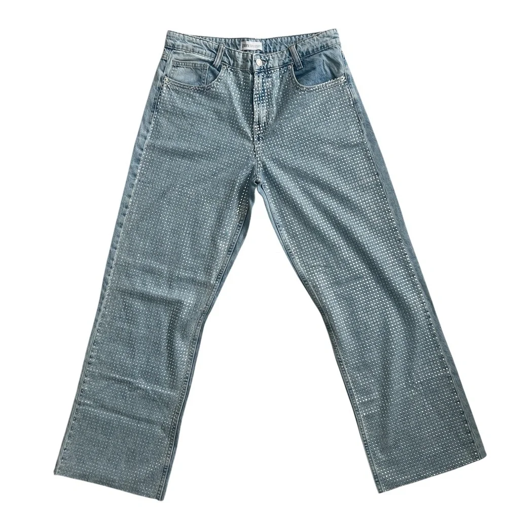 ZARA Rhinestone Embellished Light Wash Wide Leg Jeans | Size EUR 40 / US 8 - Picture 1 of 7